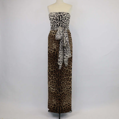 Dolce & Gabbana Brown/Off White Silk Leopard Print Crepe Off-Shoulder Midi Dress