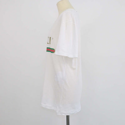 Gucci White Cotton Logo Print Distressed T-Shirt