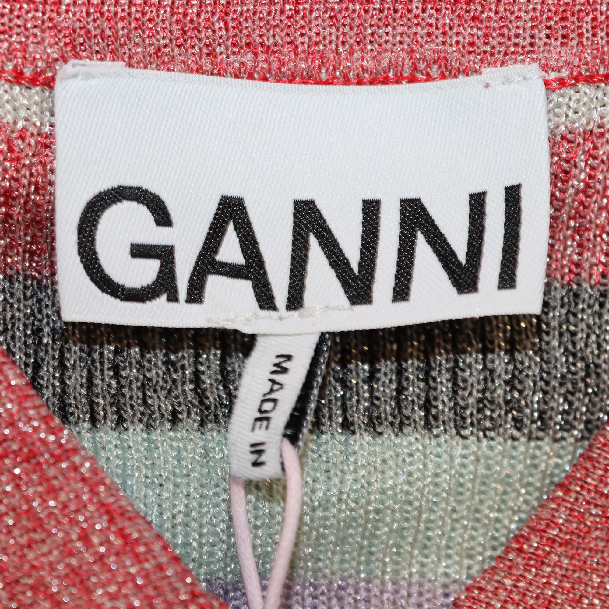 Ganni Multicolor Lurex Striped Knitted Polo Top