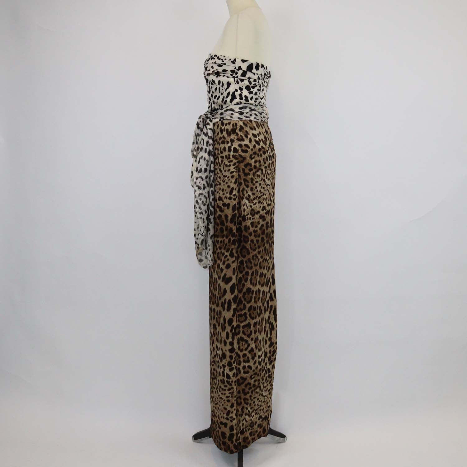 Dolce & Gabbana Brown/Off White Silk Leopard Print Crepe Off-Shoulder Midi Dress