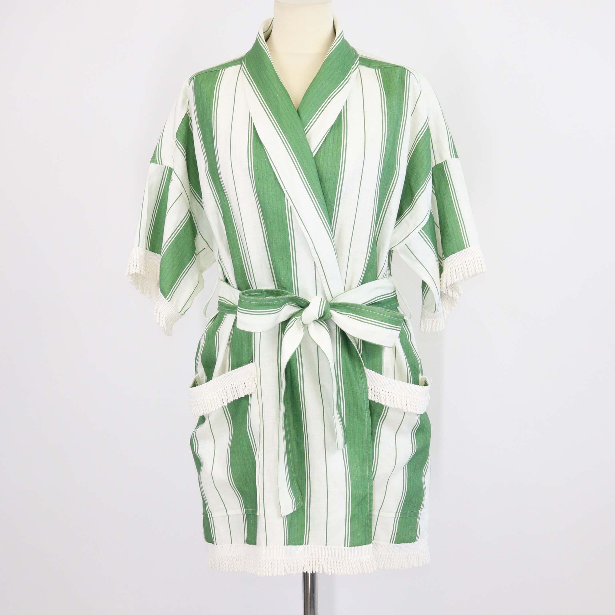 Oraton Green/White Deckchair Striped Linen Mini Robe