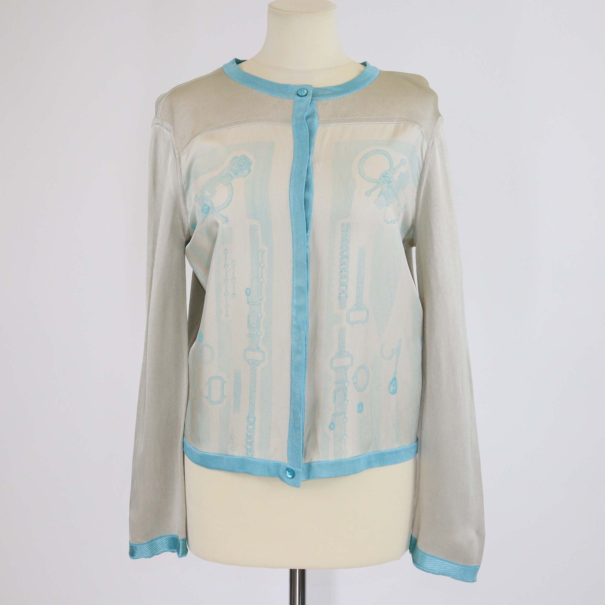 Hermes Blue/Beige Silk Planche d'Etude Print Button-Up Long Sleeve Cardigan