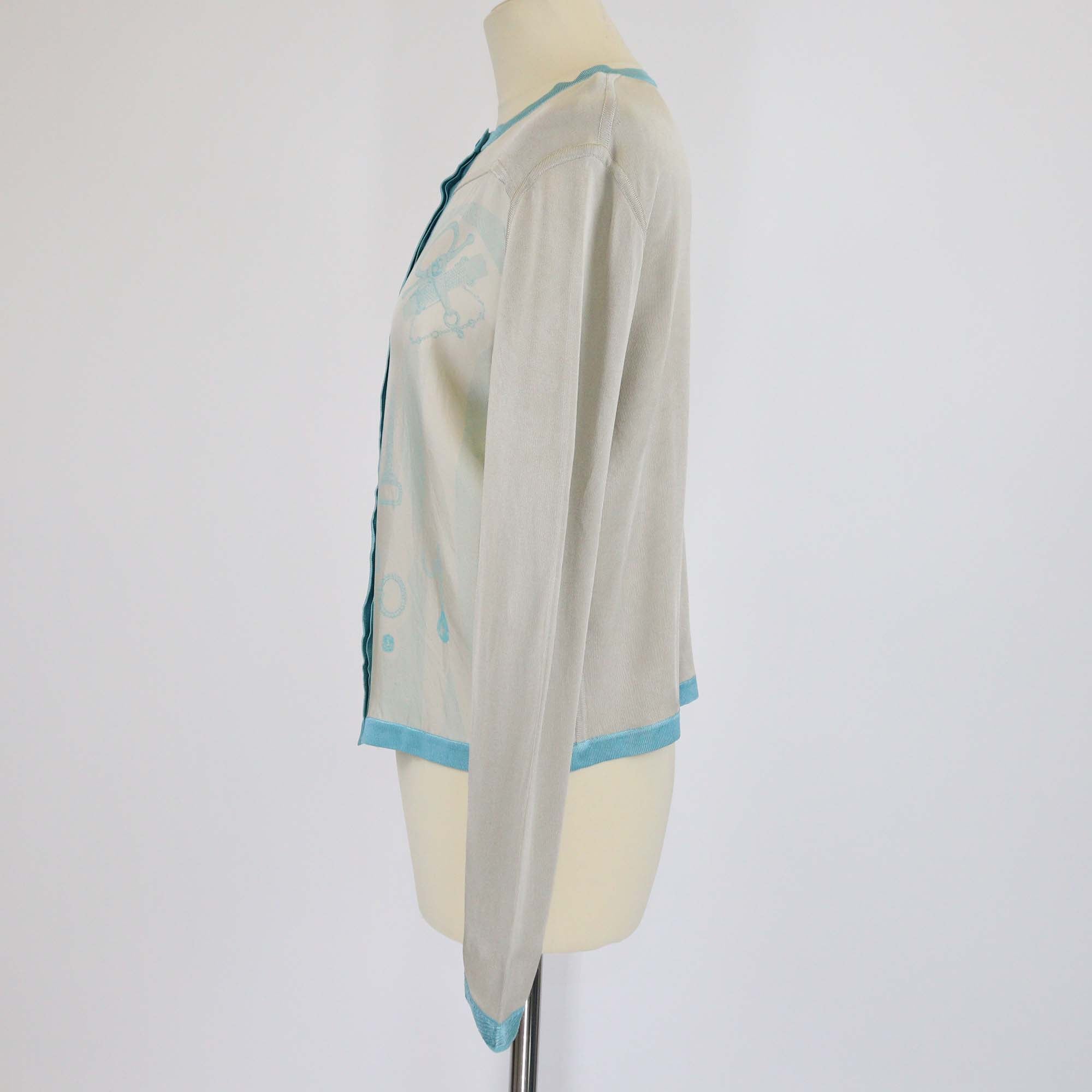 Hermes Blue/Beige Silk Planche d'Etude Print Button-Up Long Sleeve Cardigan