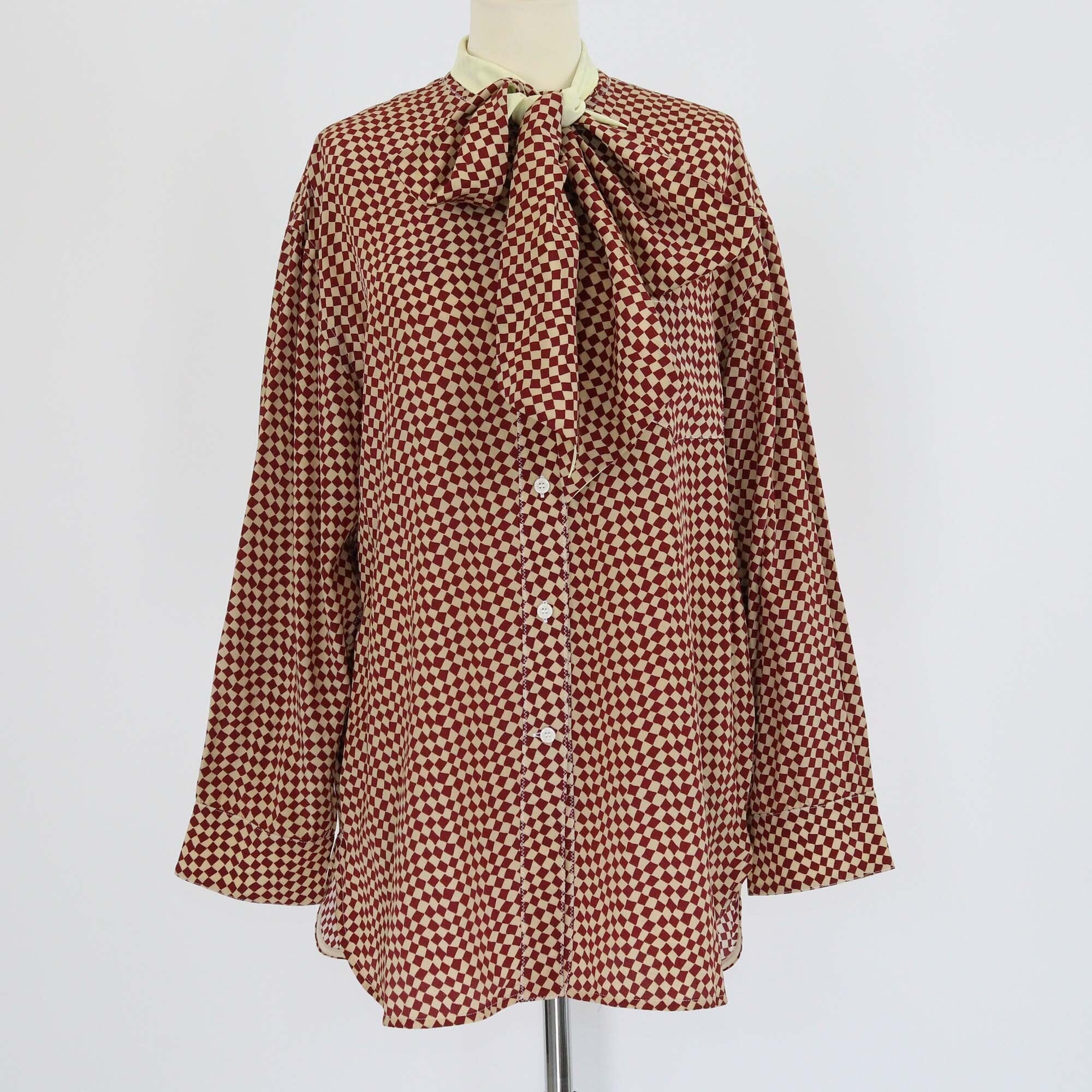 Marni Bicolor Chess Board Checkered Neck Tie-Up Detail Blouse