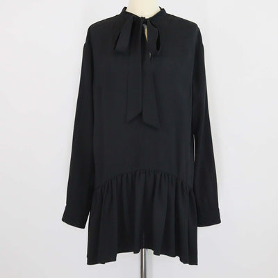 Saint Laurent Black Crepe Neck Tie Detailed Long Sleeve Dress