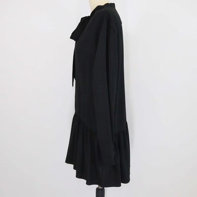 Saint Laurent Black Crepe Neck Tie Detailed Long Sleeve Dress