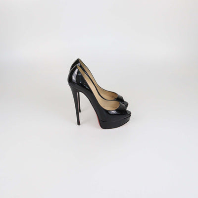 Christian Louboutin Black Patent Leather Lady Peep Toe Platform Pumps