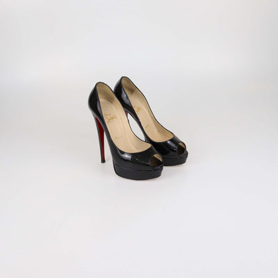Christian Louboutin Black Patent Leather Lady Peep Toe Platform Pumps