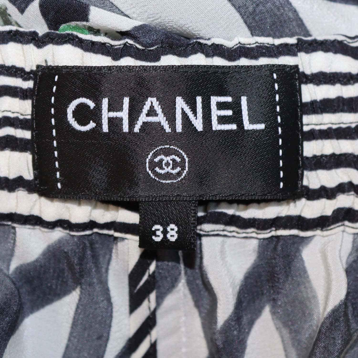 Chanel White/Black Silk Printed Wide Leg Pants