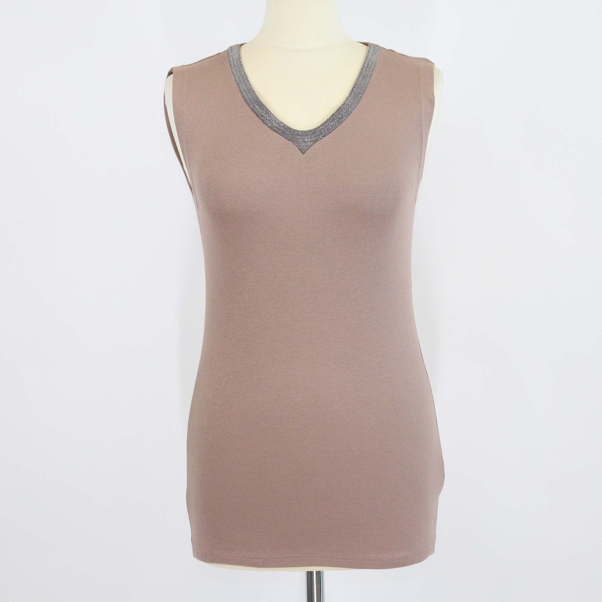 Brunello Cucinelli Brown Cotton Knit Beaded V-Neck Sleeveless Top