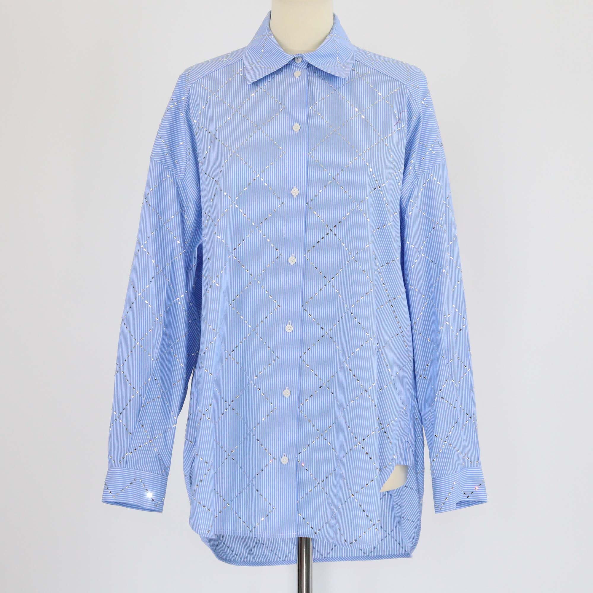 Sandro Blue Pinstripe Janeiro Rhinestone Oversized Shirt Womens Sandro 