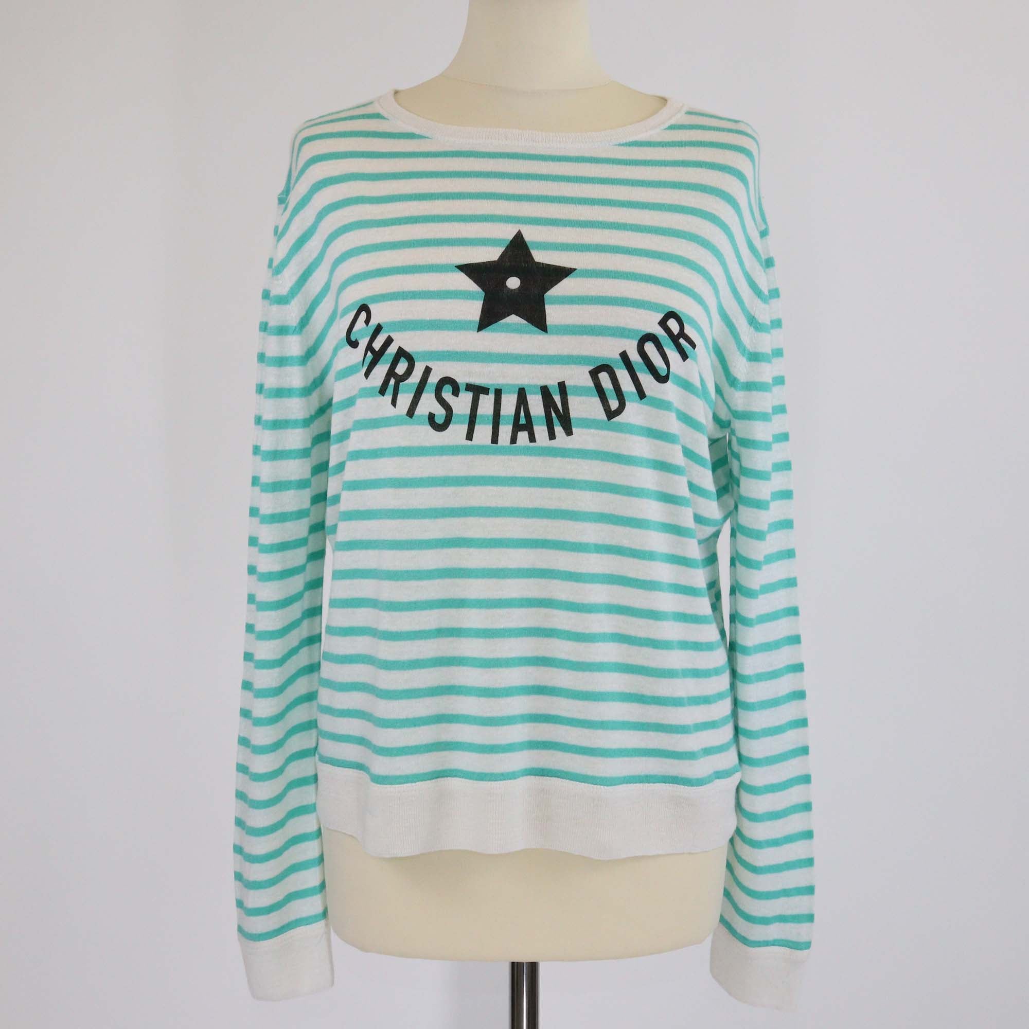 Christian Dior White/Green Monochrome Stripe Logo Print Sweater