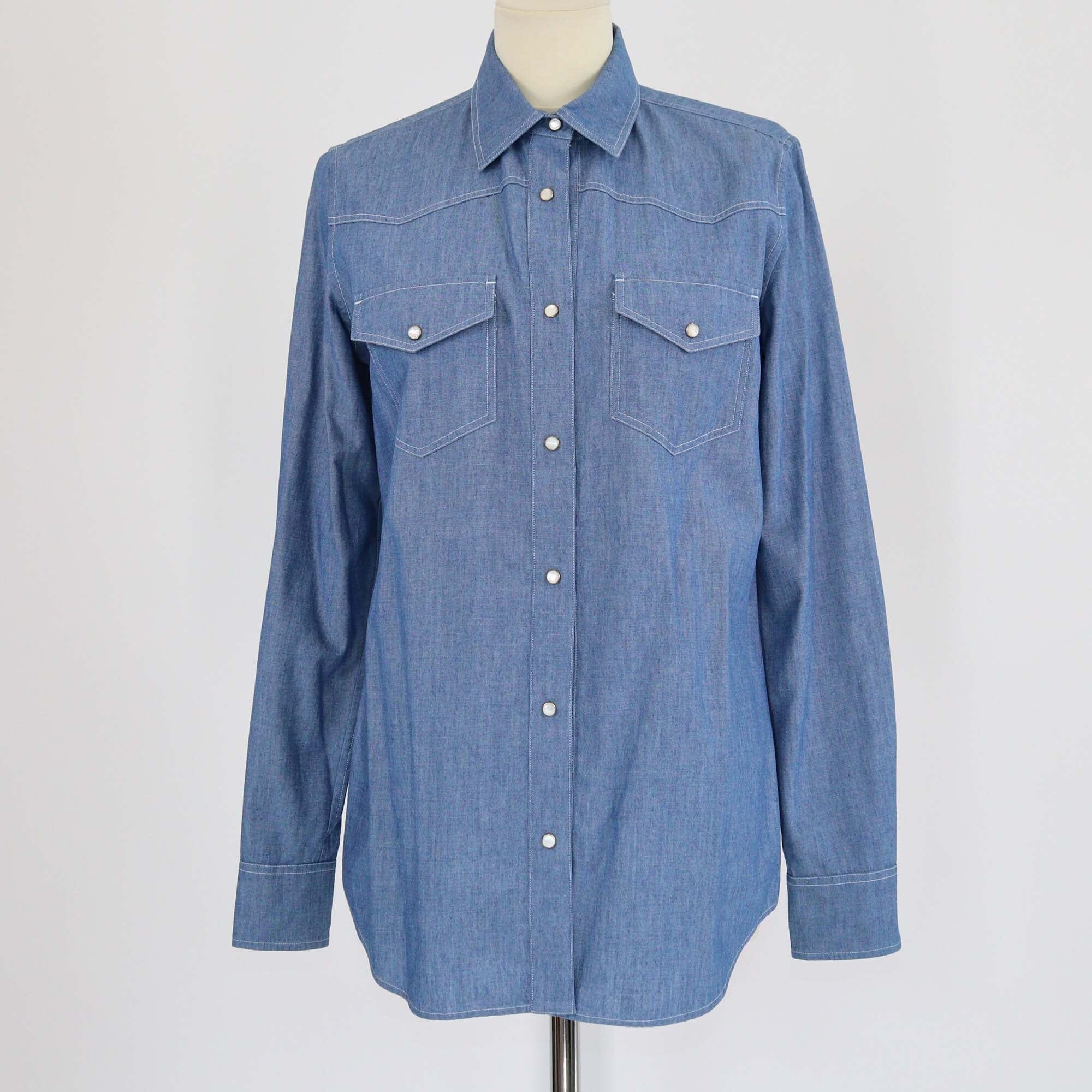 Loro Piana Blue Denim Effect Thomas Chambray Long Sleeve Shirt Womens Loro Piana 