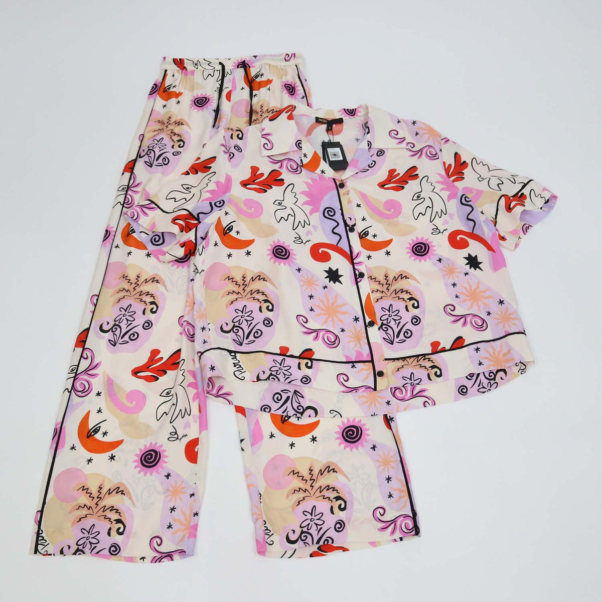 Maje Multicolor Silk Paradisio Patterned Floaty Shirt and Pants Set