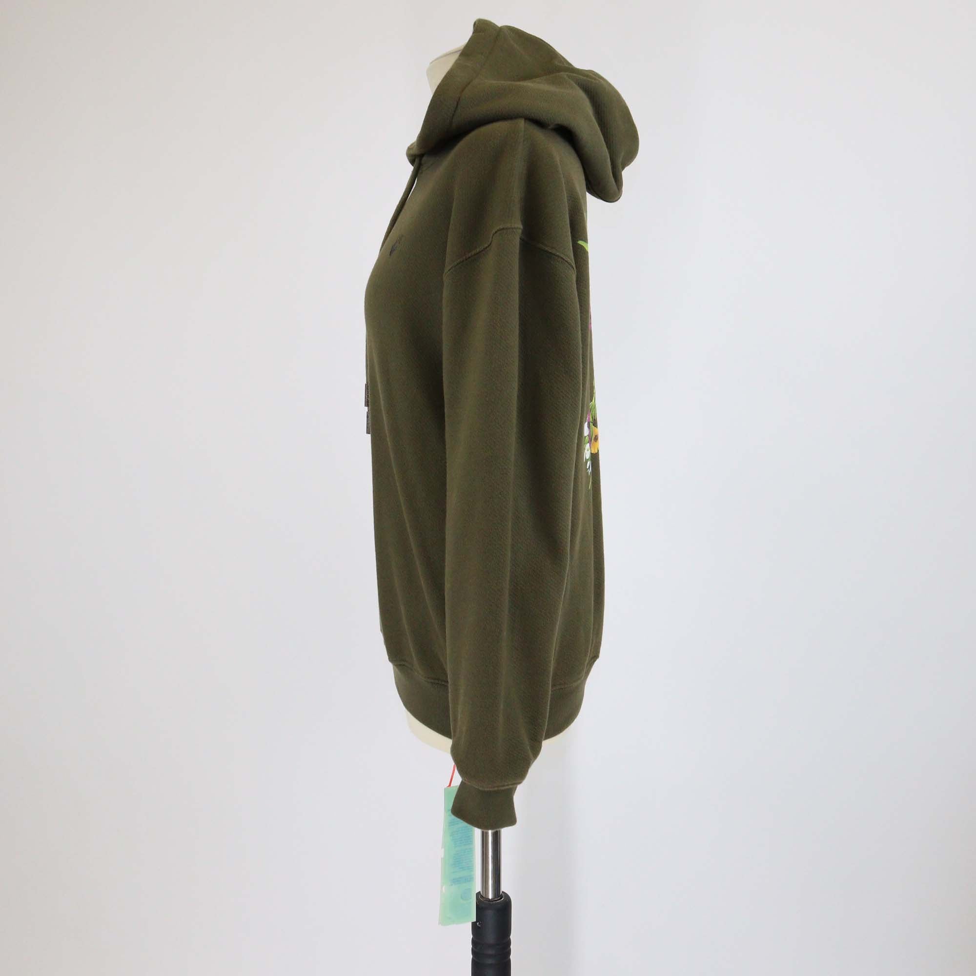 Off-White Khaki Green Floral Printed Cotton Knit Hoodie