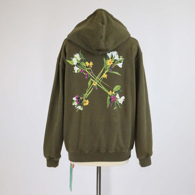 Off-White Khaki Green Floral Printed Cotton Knit Hoodie