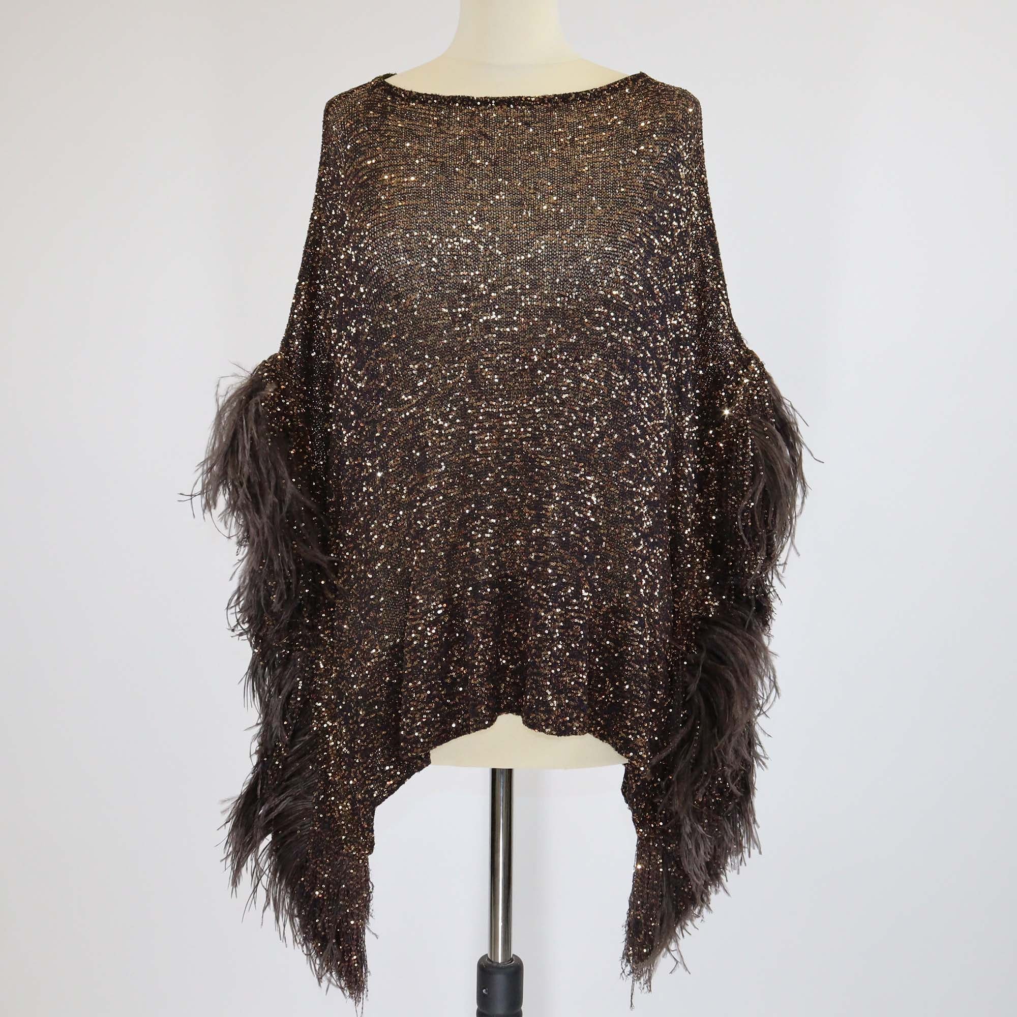 Valentino Brown/Metallic Asymmetric Feather-Trimmed and Sequin Embellished Knitted Top