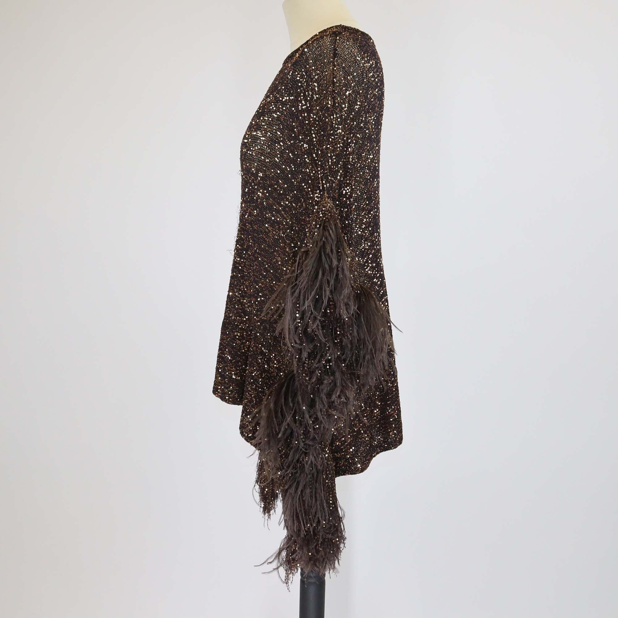 Valentino Brown/Metallic Asymmetric Feather-Trimmed and Sequin Embellished Knitted Top