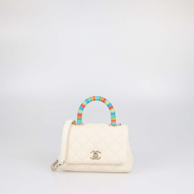 Chanel Off White Quilted Leather Mini Rainbow Coco Top Handle Bag
