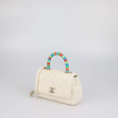 Chanel Off White Quilted Leather Mini Rainbow Coco Top Handle Bag