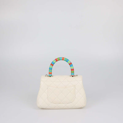Chanel Off White Quilted Leather Mini Rainbow Coco Top Handle Bag