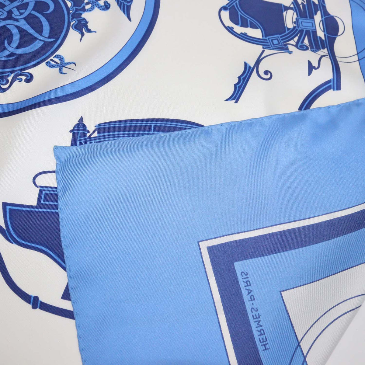 Hermes Blue,White Silk Ex-Libris Scarf 90