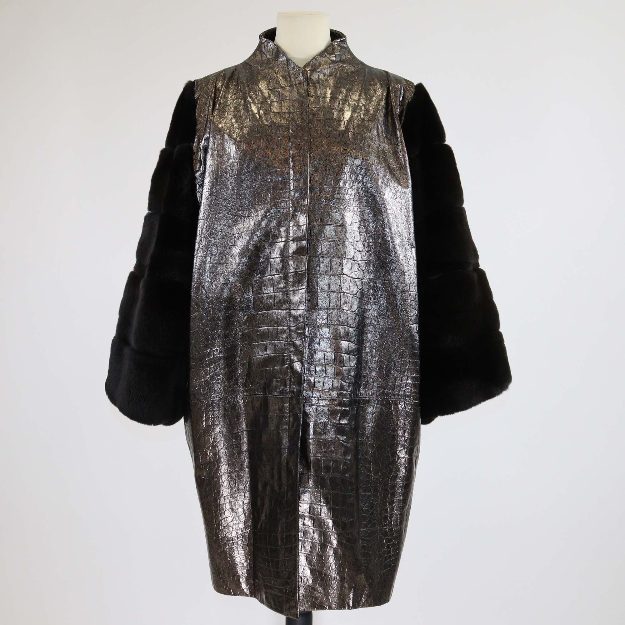 Versace Metallic/Black Croc Embossed Leather and Fur Zip Up Coat