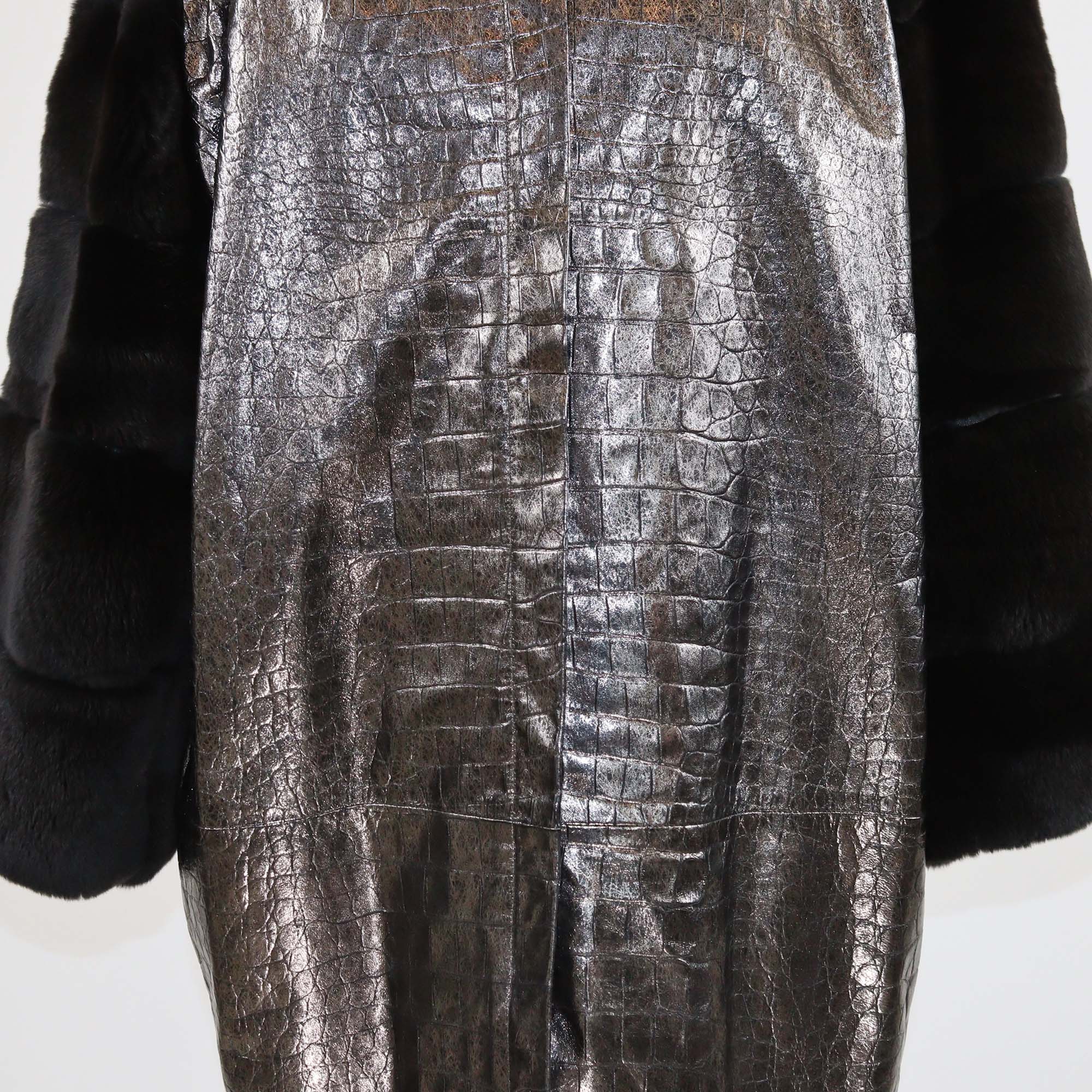 Versace Metallic/Black Croc Embossed Leather and Fur Zip Up Coat