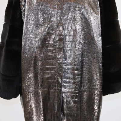 Versace Metallic/Black Croc Embossed Leather and Fur Zip Up Coat