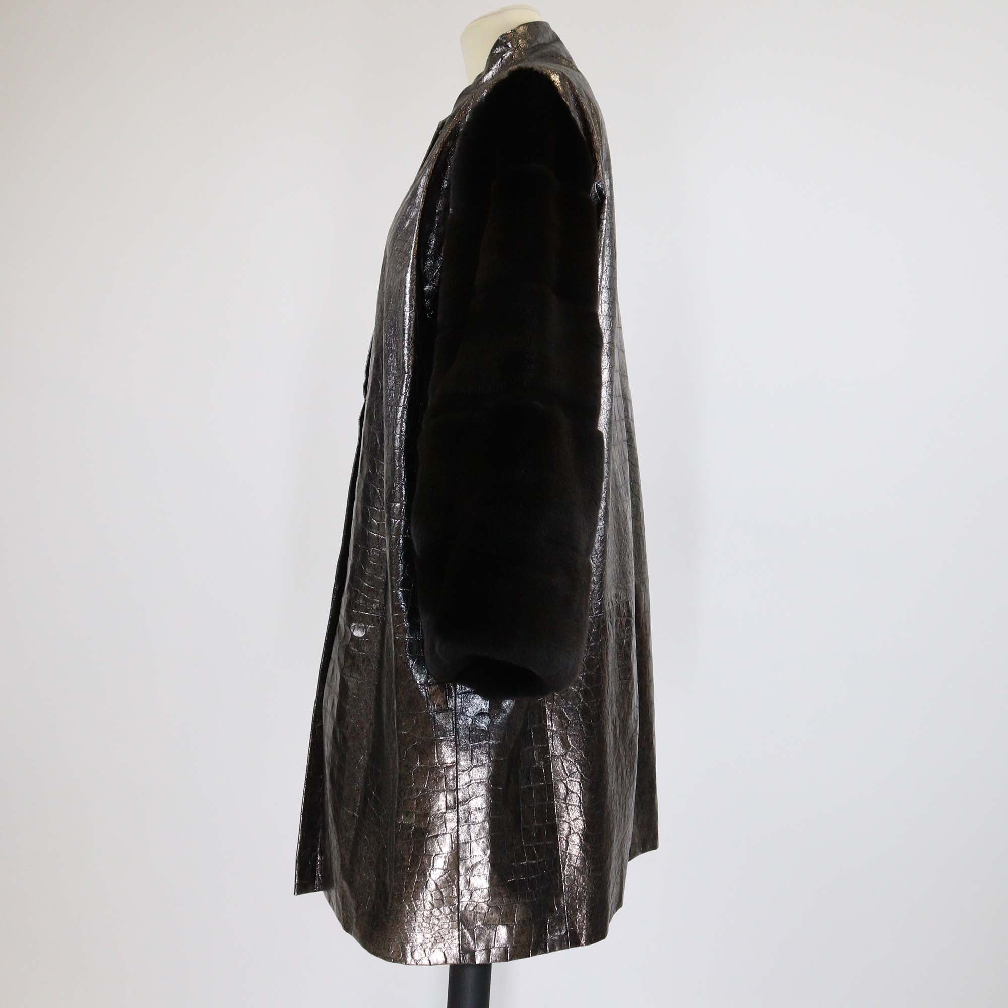 Versace Metallic/Black Croc Embossed Leather and Fur Zip Up Coat