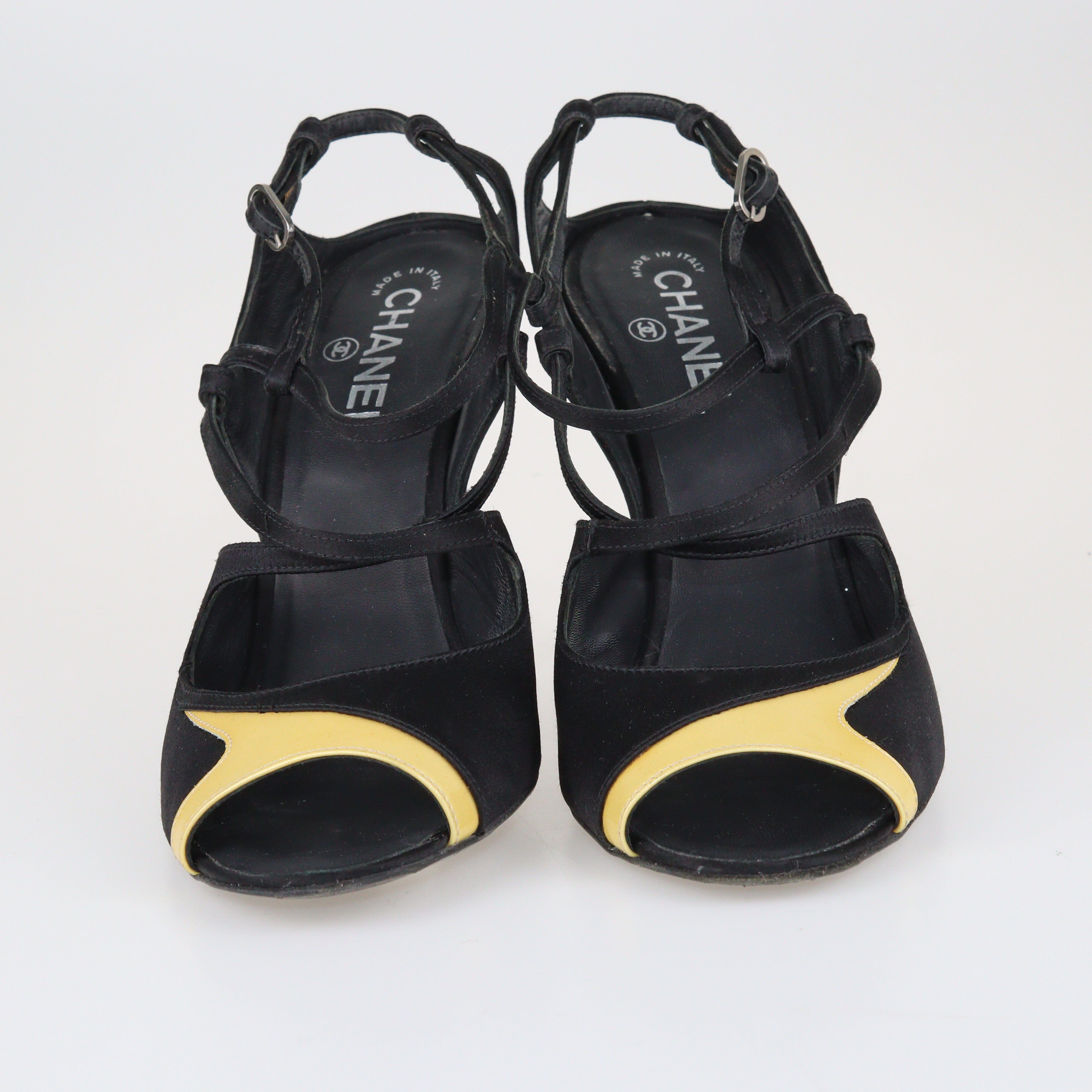 Black/Yellow Open Toe Ankle Strap Sandals Shoes Chanel 