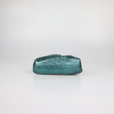 Bottega Veneta Metallic Green Distressed Leather Mini The Pouch Clutch