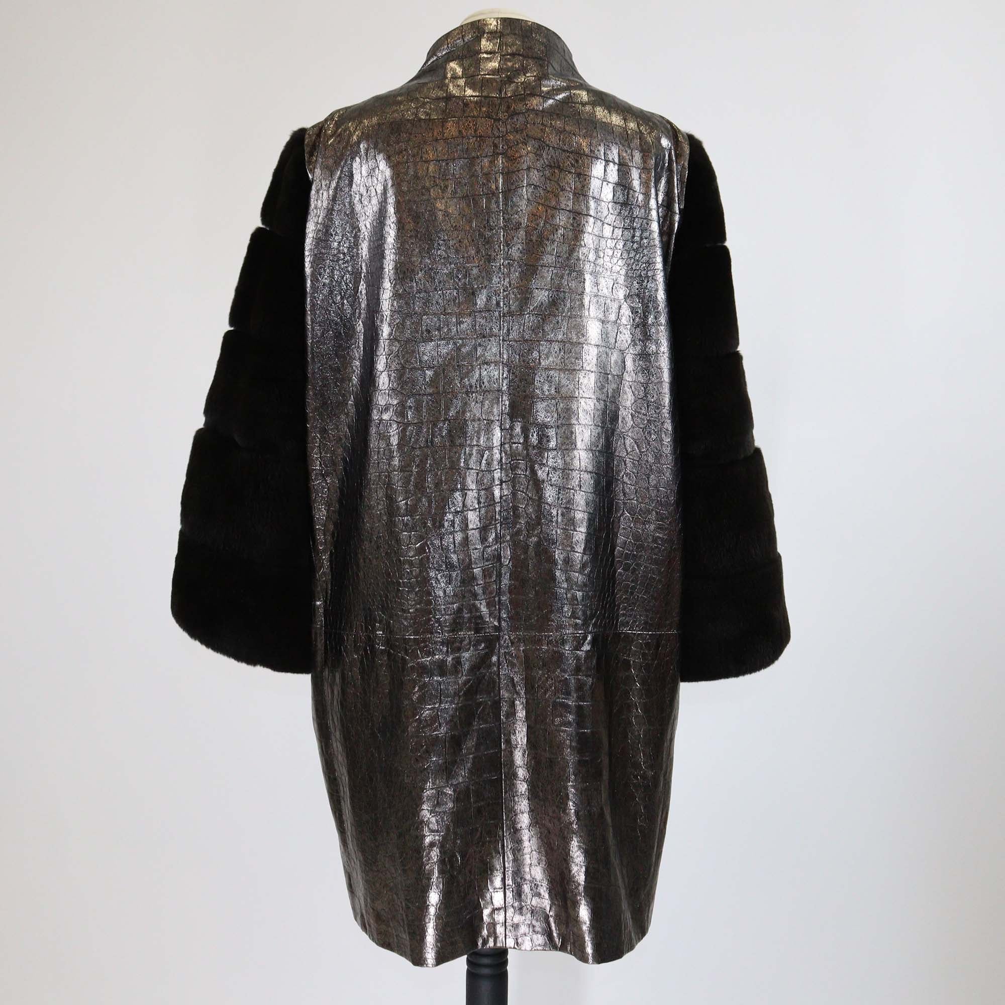 Versace Metallic/Black Croc Embossed Leather and Fur Zip Up Coat