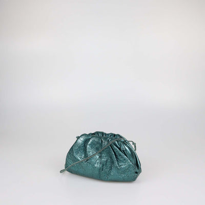 Bottega Veneta Metallic Green Distressed Leather Mini The Pouch Clutch
