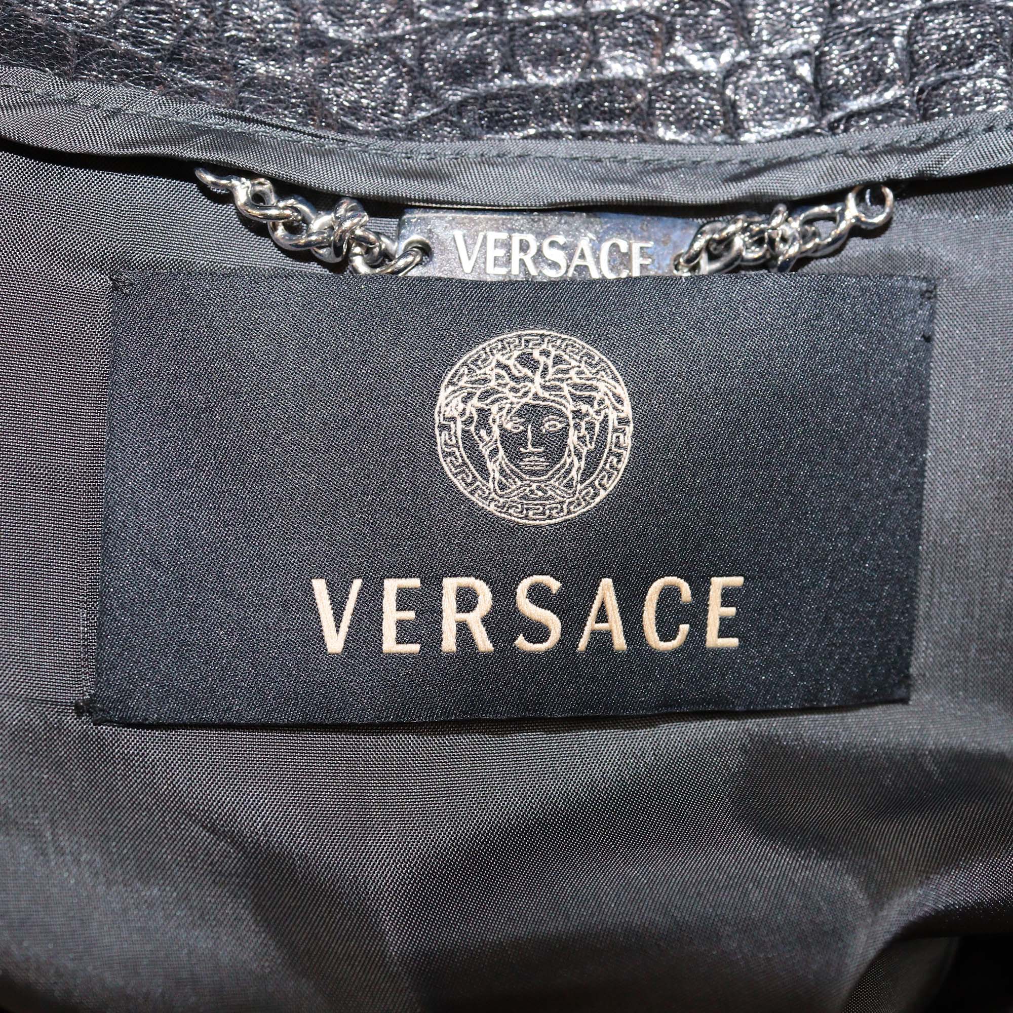 Versace Metallic/Black Croc Embossed Leather and Fur Zip Up Coat