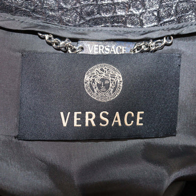 Versace Metallic/Black Croc Embossed Leather and Fur Zip Up Coat