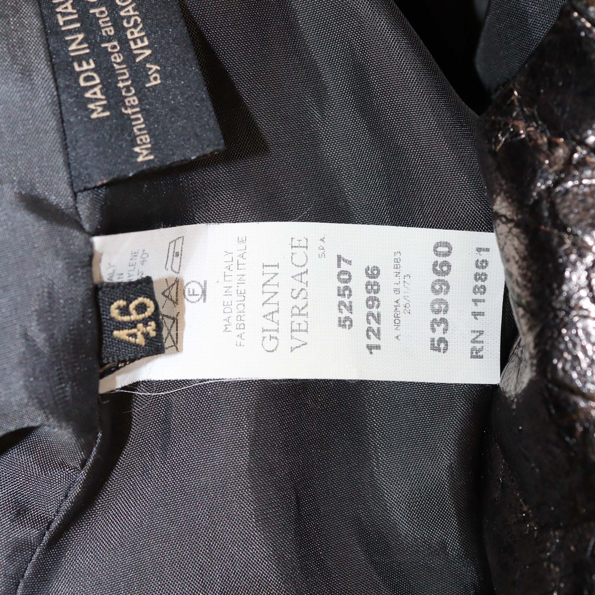 Versace Metallic/Black Croc Embossed Leather and Fur Zip Up Coat