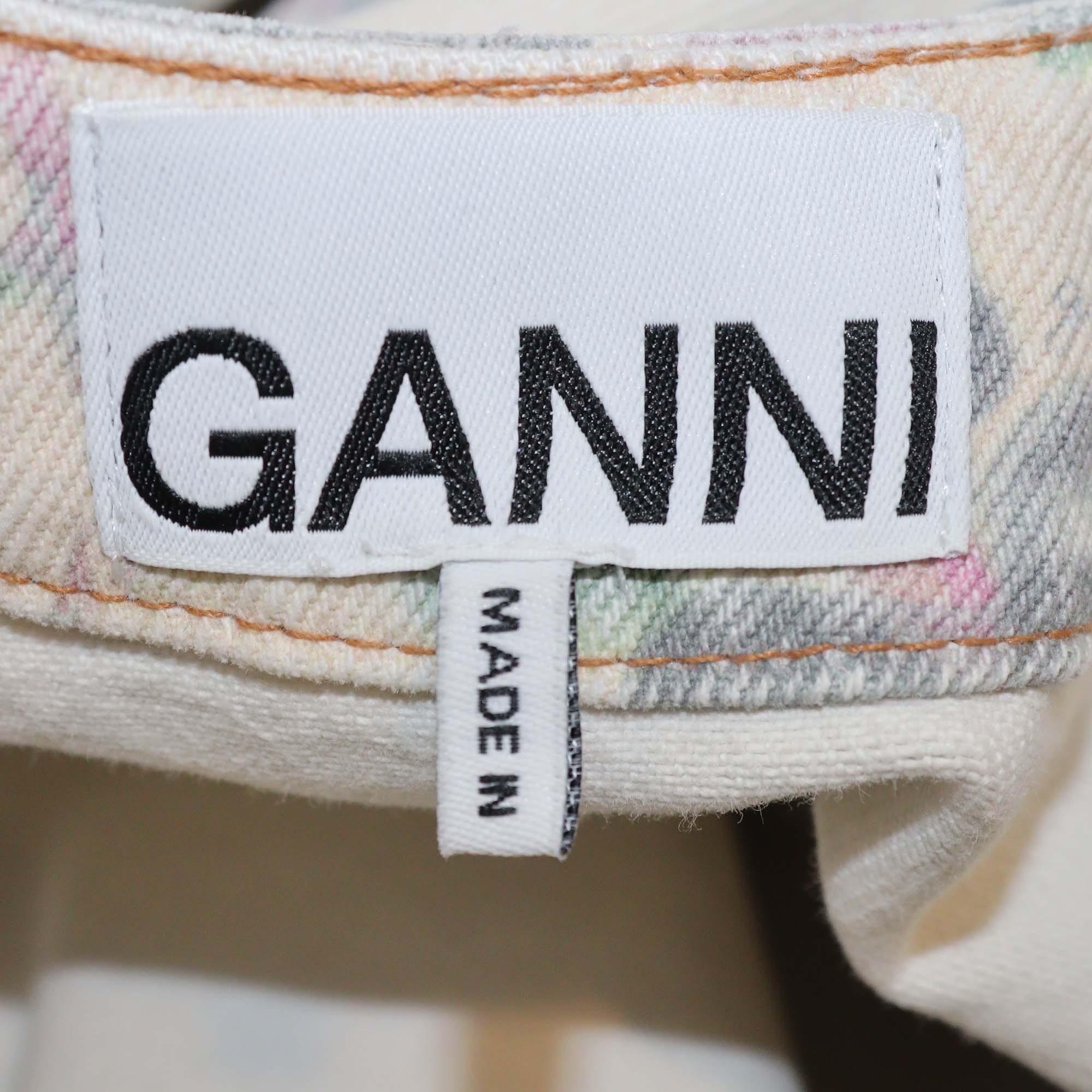 Ganni Beige Denim Floral-Print Dress