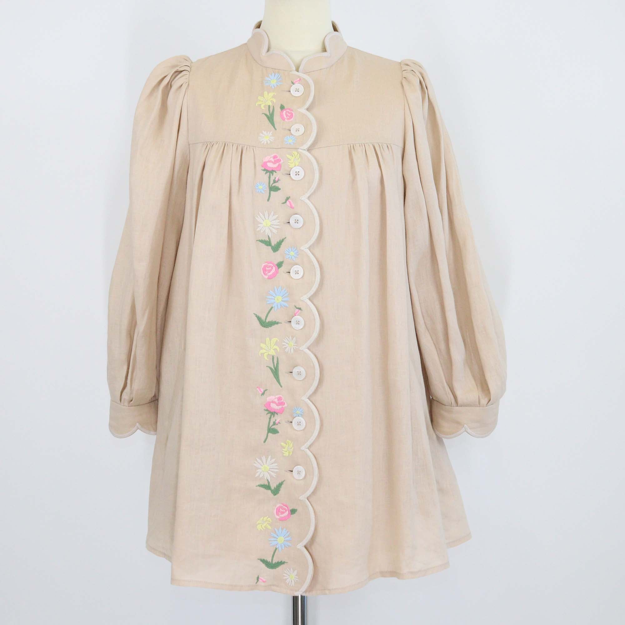 Stretsis Beige Linen Annabelle Tunic Floral Embroidered Blouse
