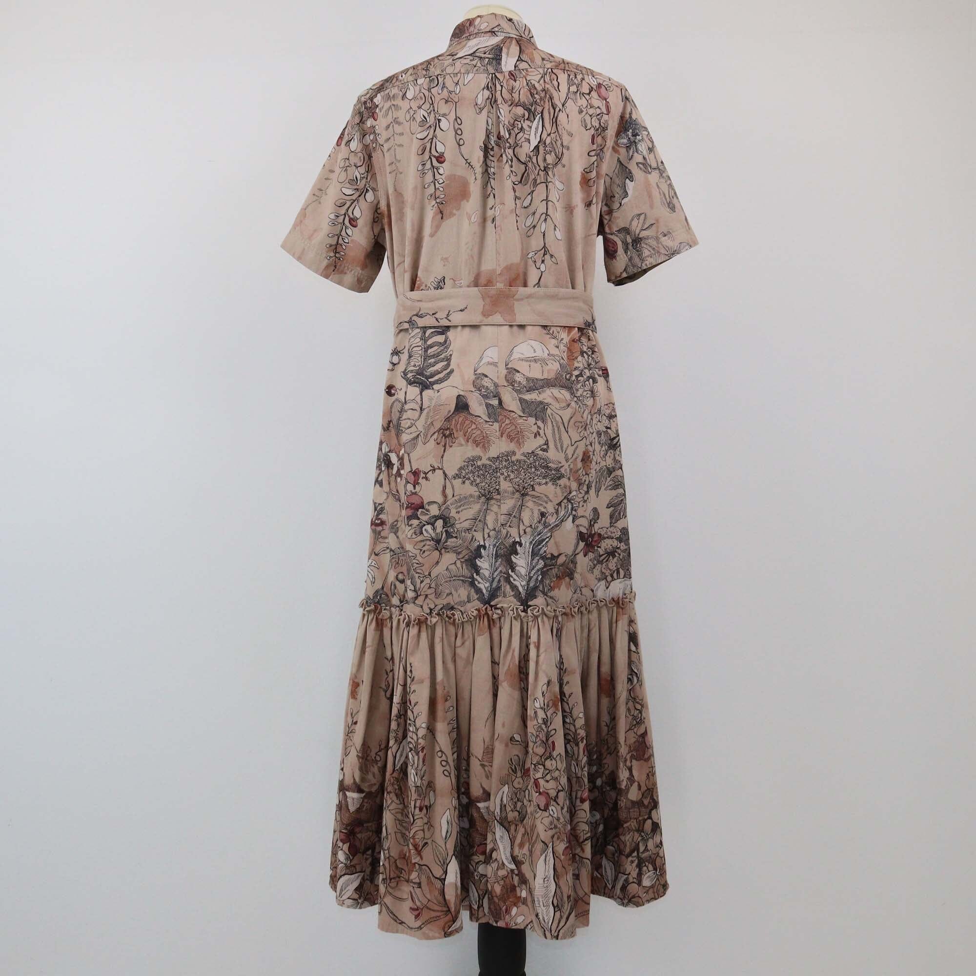 Christian Dior Brown Floral Print Belted Midi Dress Womens Christian Dior 