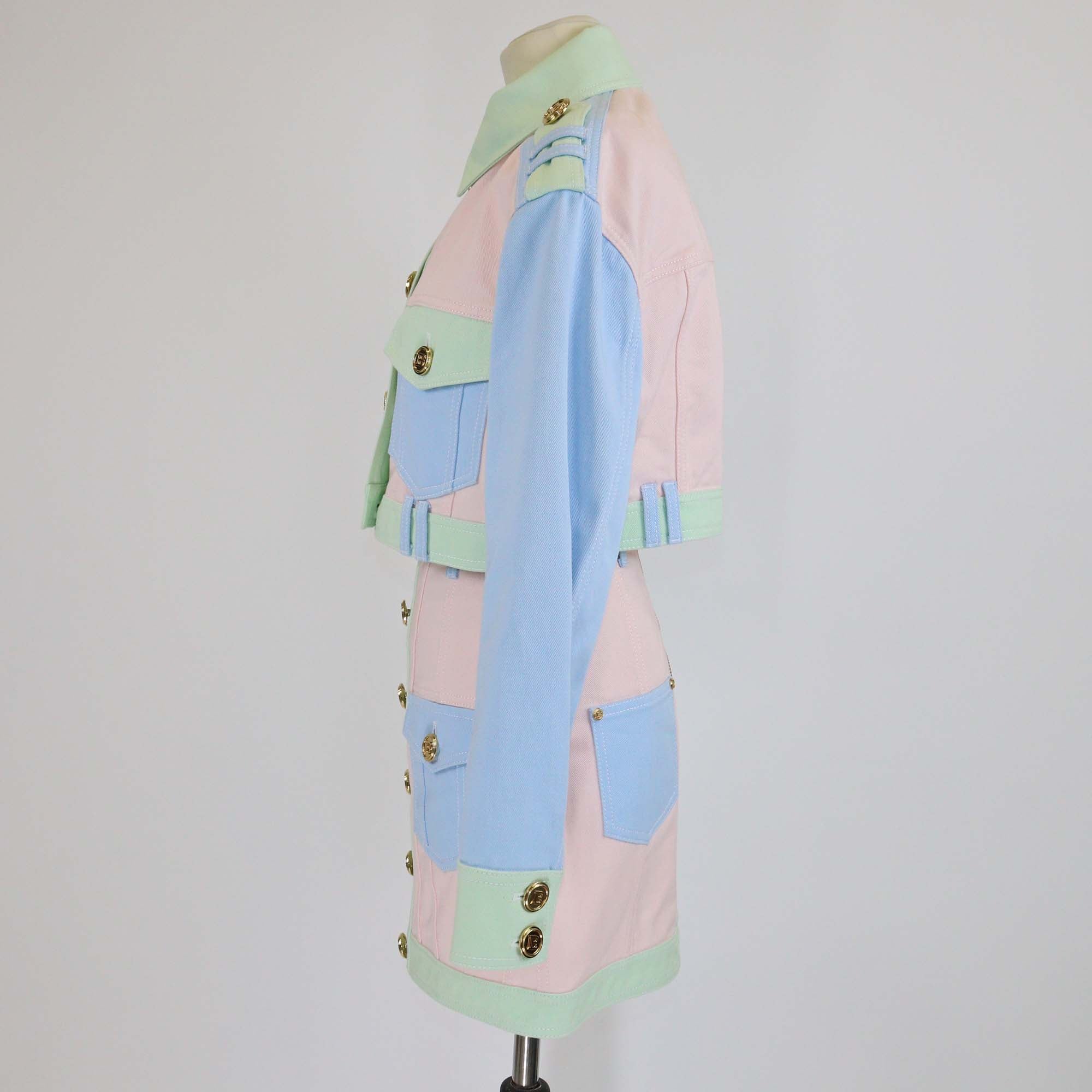 Balmain Colorblock Cotton Denim Accents Front Pocket Cropped Jacket and Skirt Sets