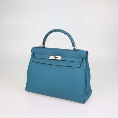 Hermes Vert Bosphore Togo Leather Palladium Hardware Kelly Retourne 32 Bag