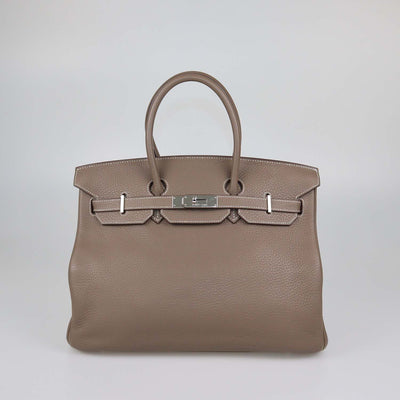 Hermes Etoupe Clemence Leather Palladium Hardware Birkin 35 Bag