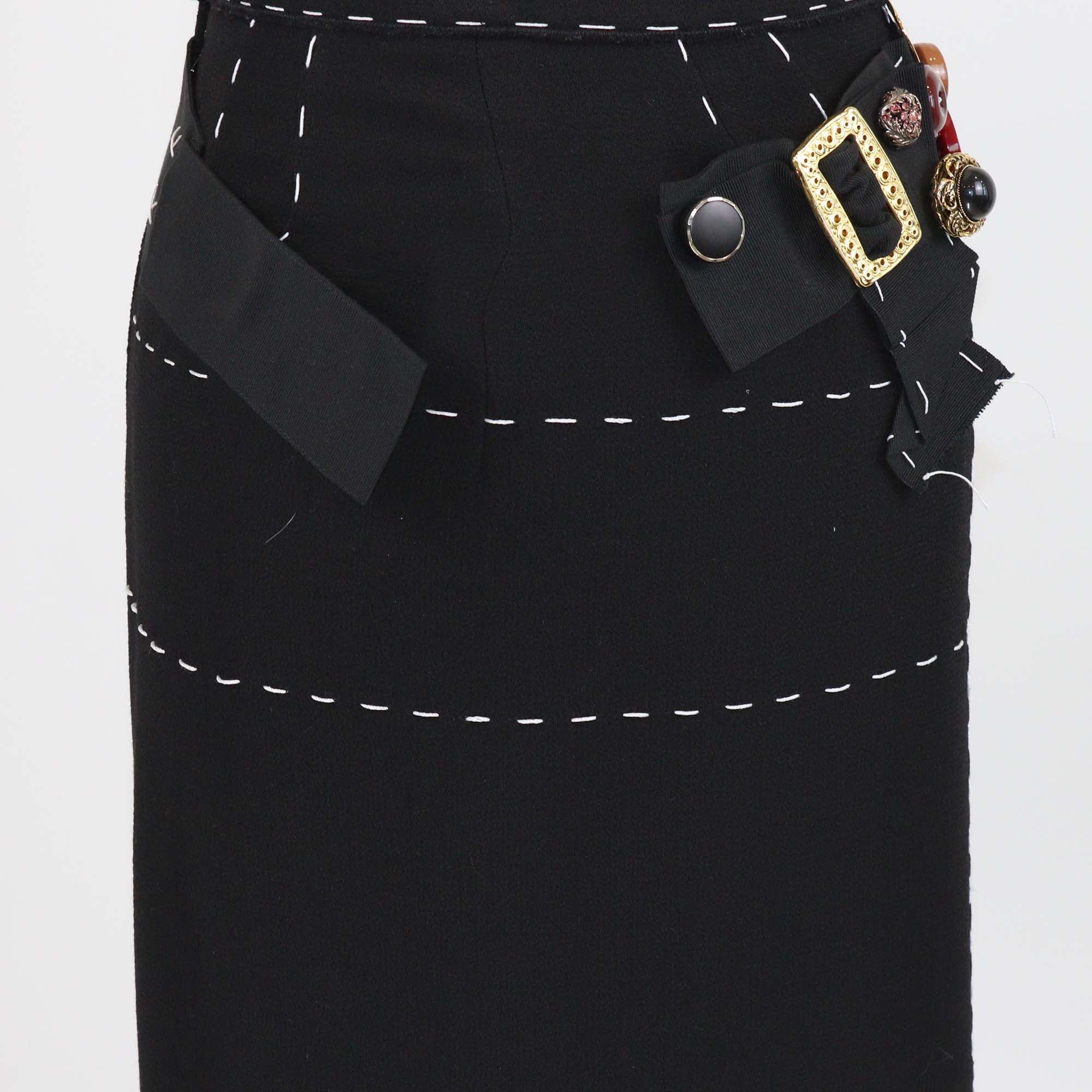 Dolce & Gabbana Black Wool Embellished Buttons and Beads Skirt