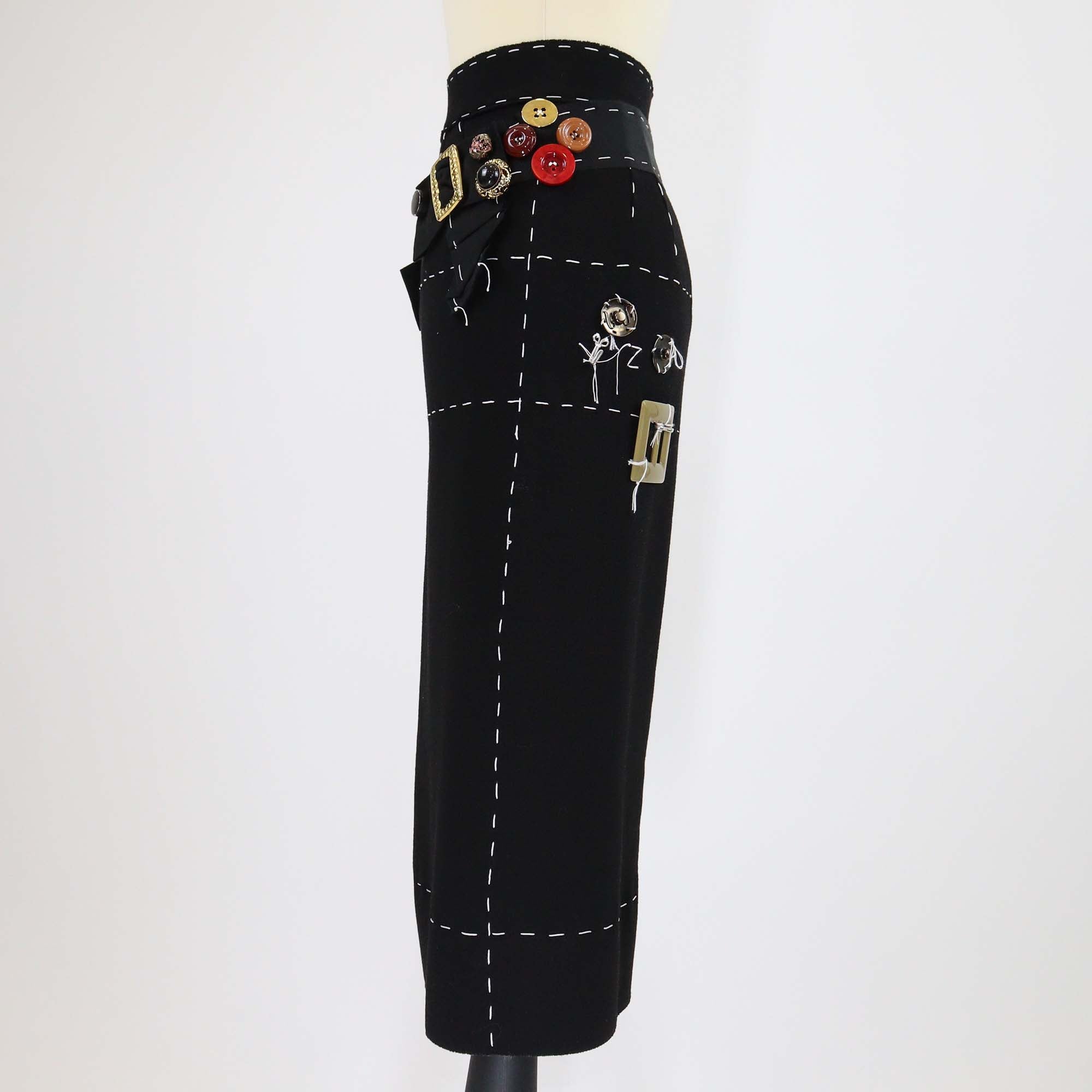 Dolce & Gabbana Black Wool Embellished Buttons and Beads Skirt