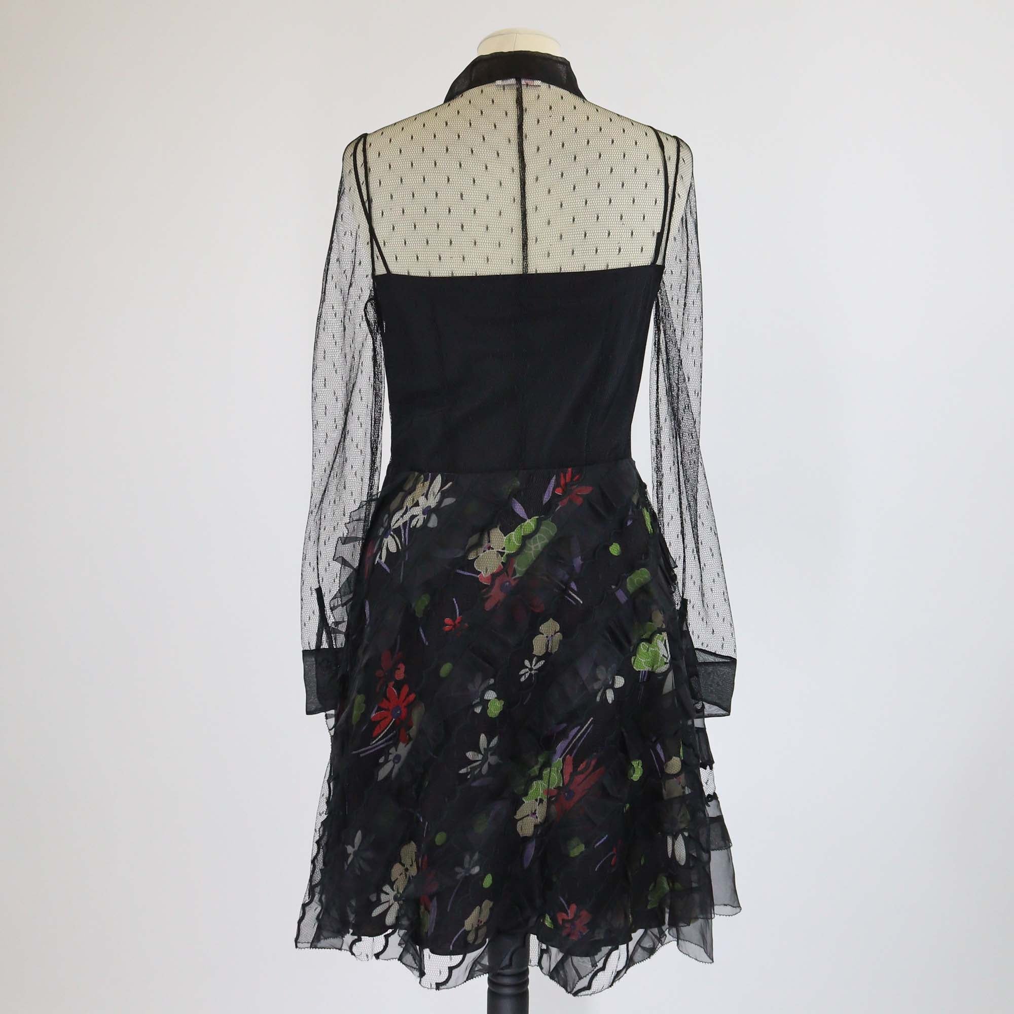 Red Valentino Black Floral Lace Long Sleeve Midi Dress