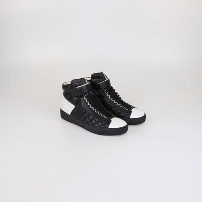 Chanel Black/White Quilted Leather CC High Top Sneakers