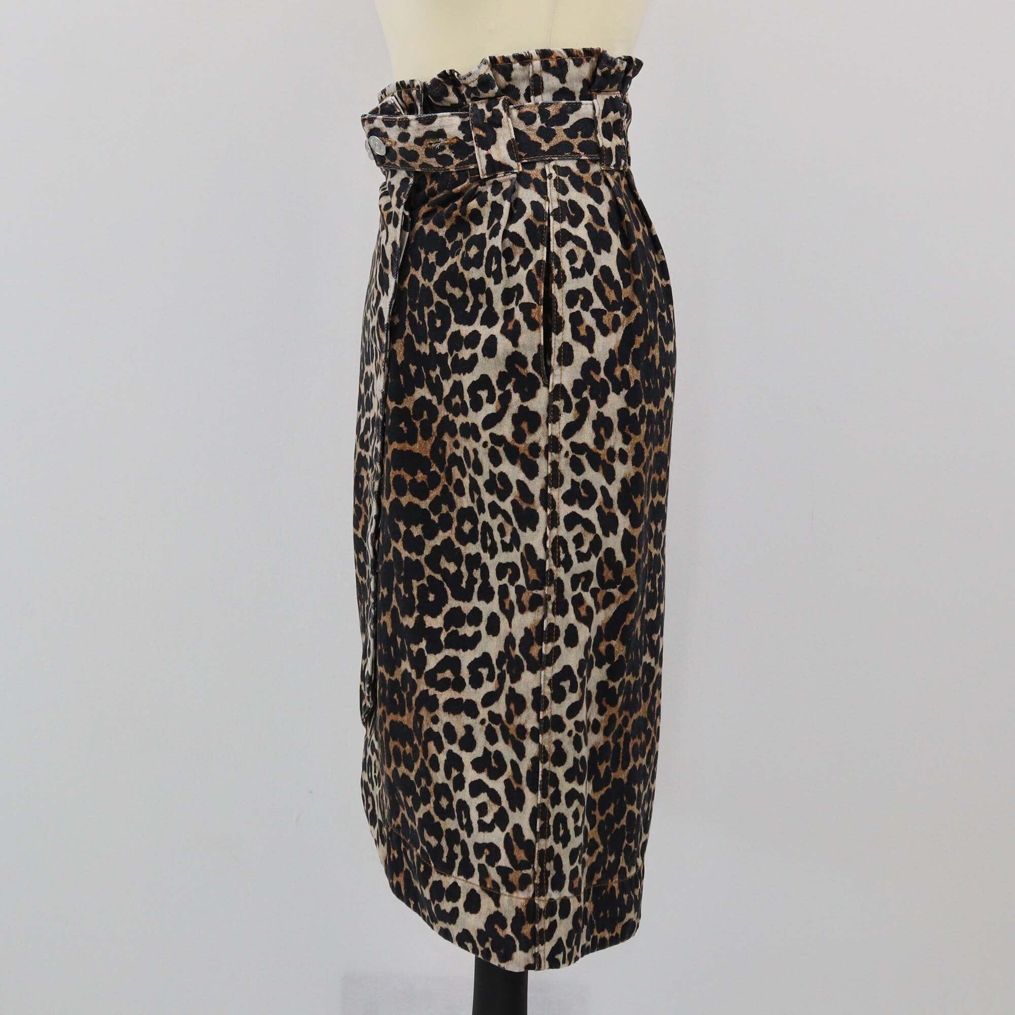 Ganni Tricolor Leopard Print Denim Knee Length Skirt Womens Ganni 