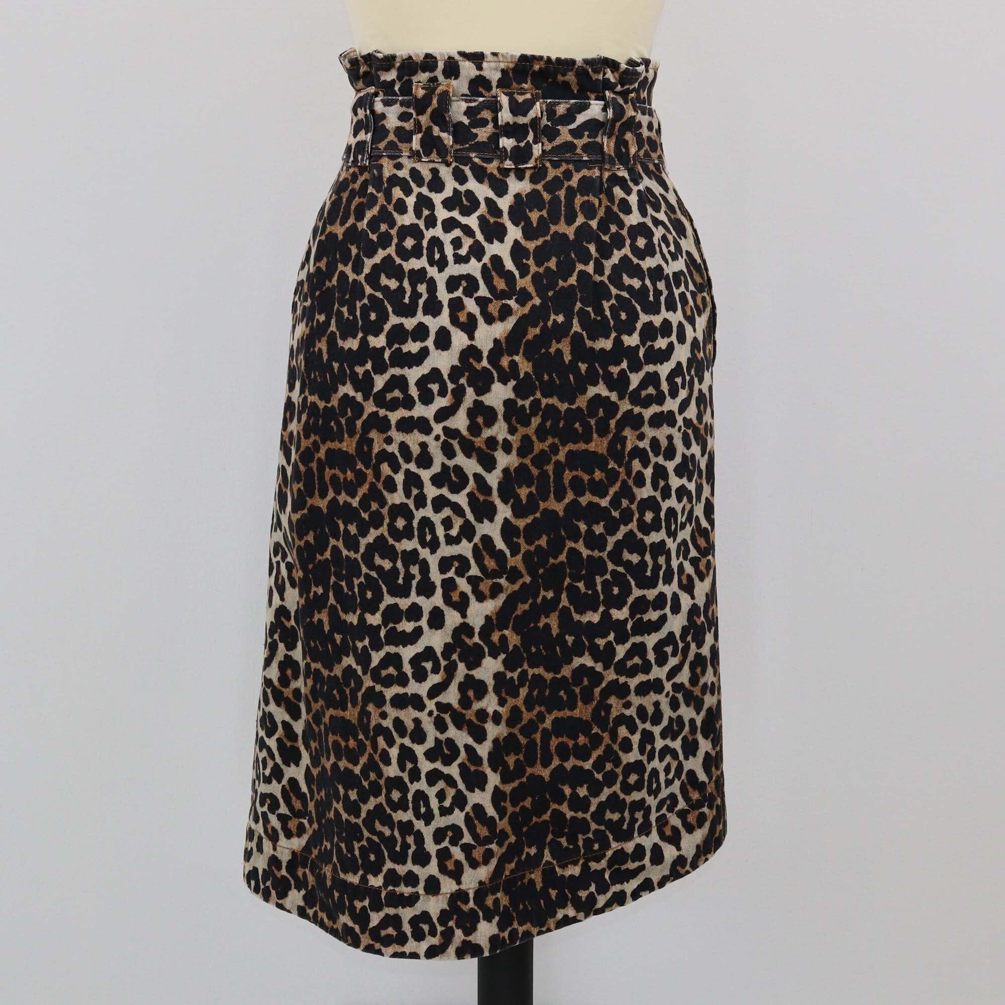 Ganni Tricolor Leopard Print Denim Knee Length Skirt Womens Ganni 