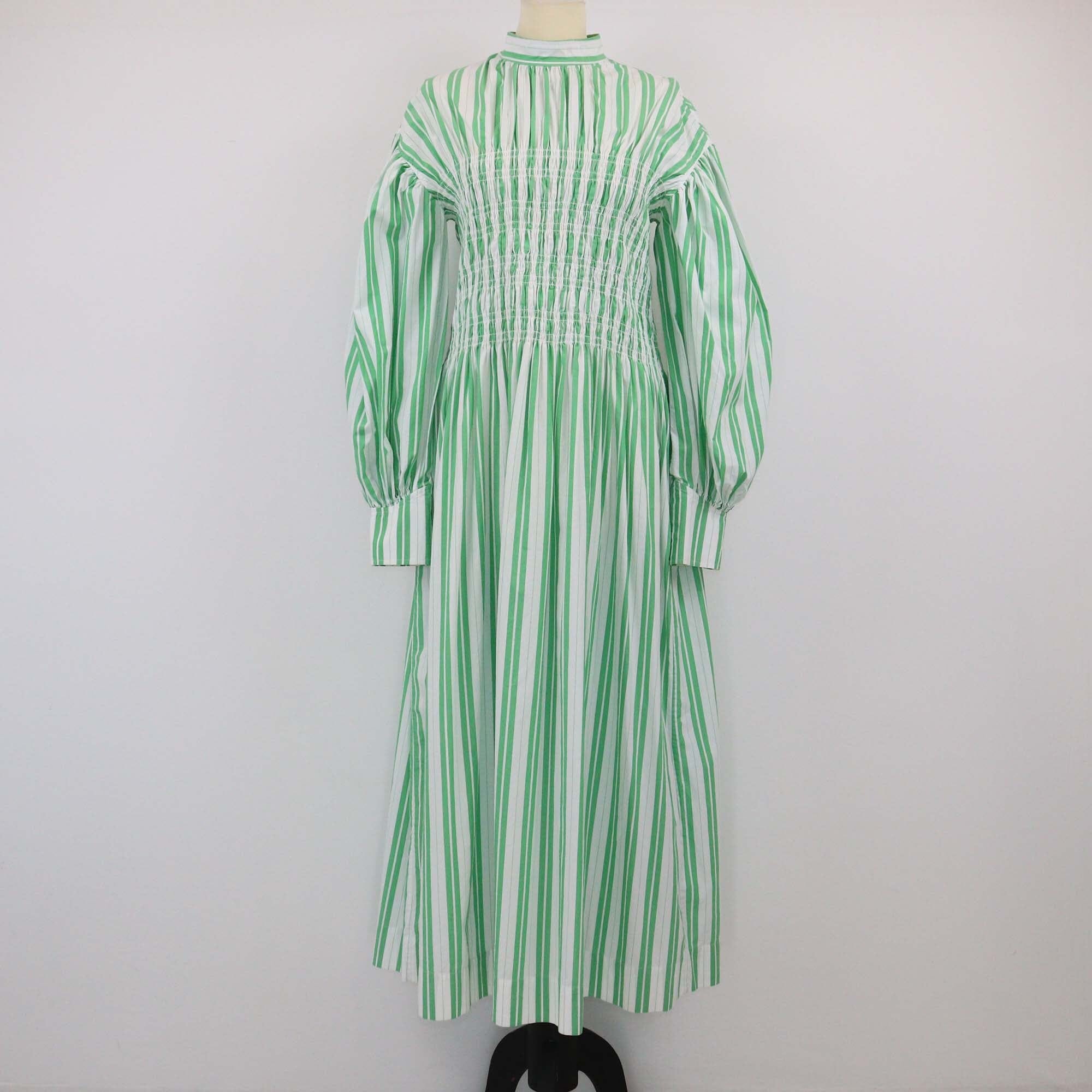 Ganni Green/White Stripe Smock Maxi Dress Womens Ganni 